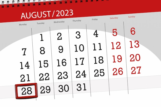 Calendar 2023 deadline day month page organizer date August monday number 28