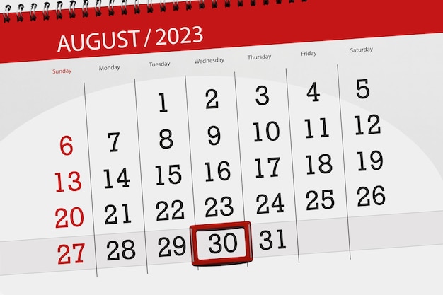 Calendar 2023 deadline day month page organizer date August wednesday number 30