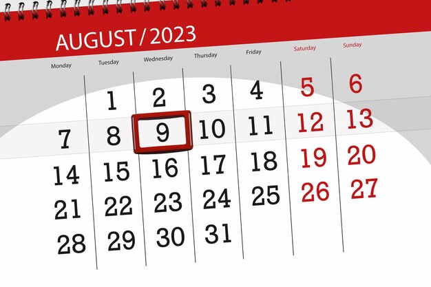 Calendar 2023 deadline day month page organizer date August wednesday number 9