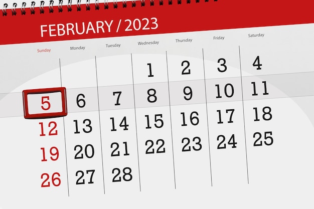 Calendar 2023 deadline day month page organizer date february sunday number 5