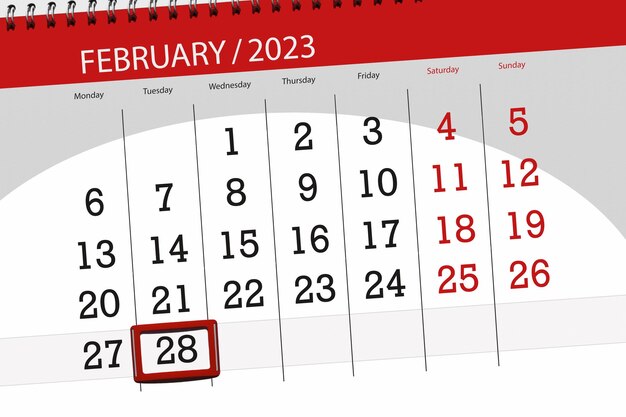 Calendar 2023 deadline day month page organizer date february tuesday number 28