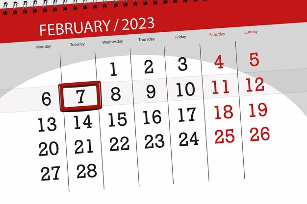 Calendar 2023 deadline day month page organizer date february tuesday number 7