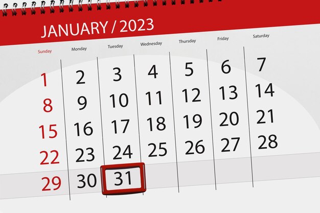 Calendar 2023 deadline day month page organizer date january tuesday number 31