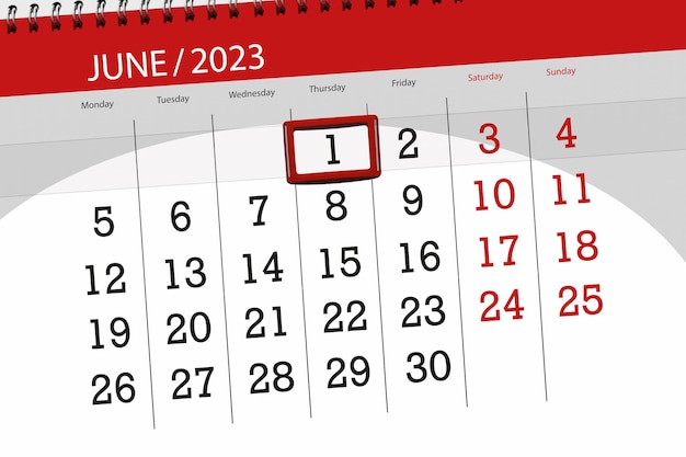 Calendar 2023 deadline day month page organizer date June thursday number 1