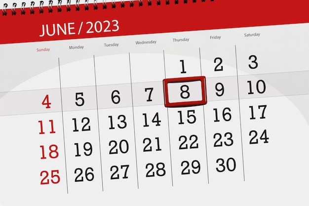 Calendar 2023 deadline day month page organizer date June thursday number 8