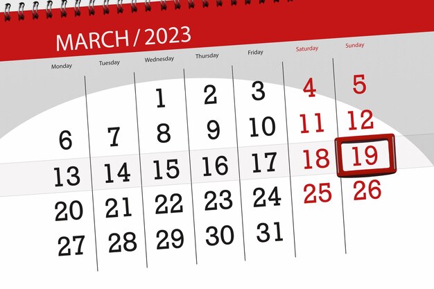 Calendar 2023 deadline day month page organizer date march sunday number 19