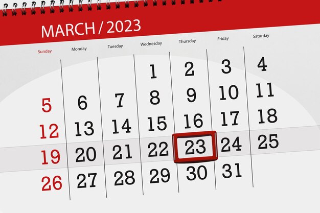 Calendar 2023 deadline day month page organizer date march thursday number 23