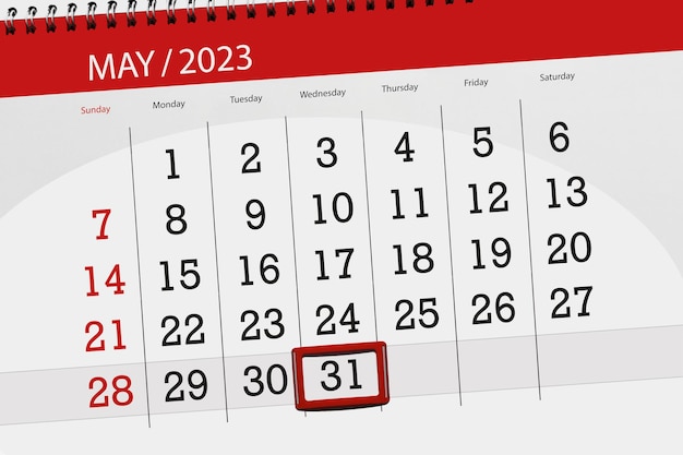 Calendar 2023 deadline day month page organizer date May wednesday number 31