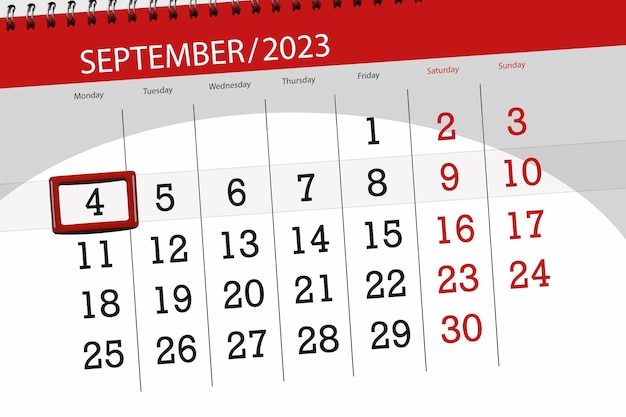 Calendar 2023 deadline day month page organizer date September monday number 4