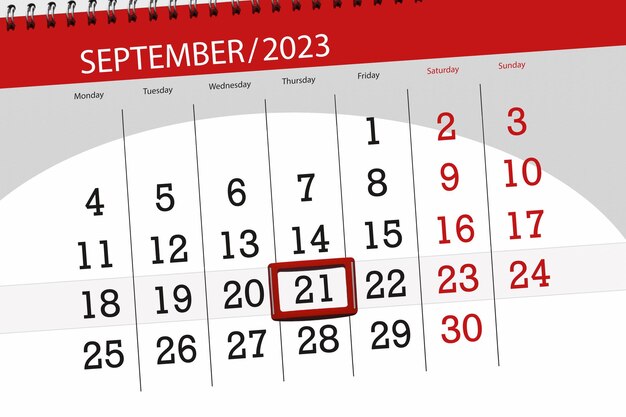 Calendar 2023 deadline day month page organizer date September thursday number 21