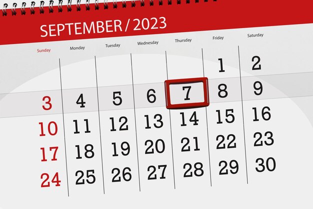 Calendar 2023 deadline day month page organizer date September thursday number 7