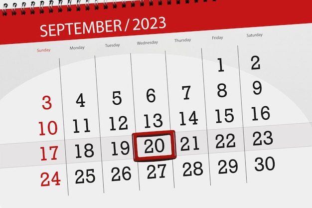 Calendar 2023 deadline day month page organizer date September wednesday number 20