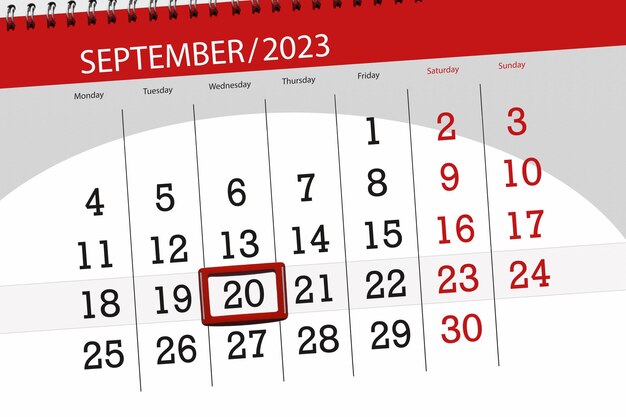 Calendar 2023 deadline day month page organizer date September wednesday number 20