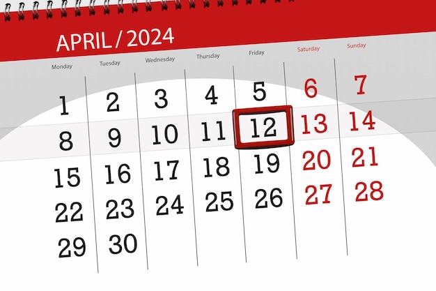 2024年 カレンダー 締め切り 日 月 ページ オーガナイザー 日付 4月12日 金曜日