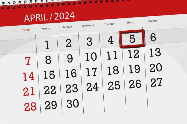 Photo calendar 2024 deadline day month page organizer date april friday number 5