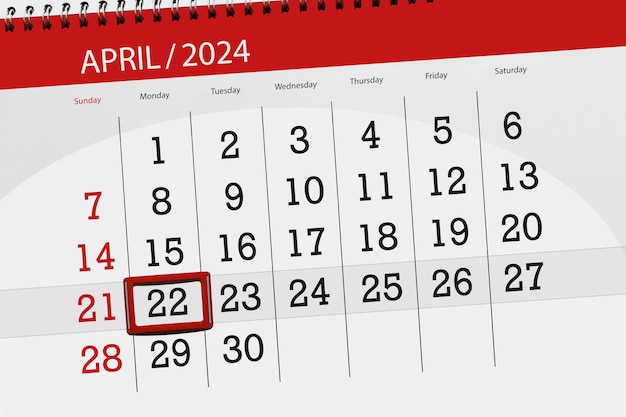 Фото Календарь 2024 срок день месяц страница организатор дата апрель понедельник номер 22