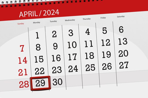 写真 2024年 カレンダー 締め切り 日 月 ページ オーガナイザー 日 4月 29日 月曜日