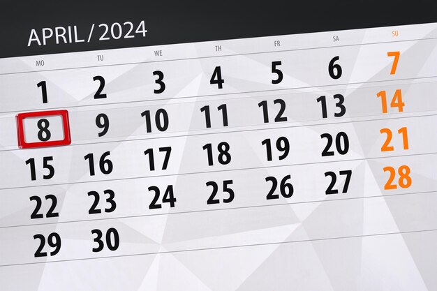 Data di scadenza del calendario 2024 giorno mese pagina organizzatore data aprile lunedì numero 8