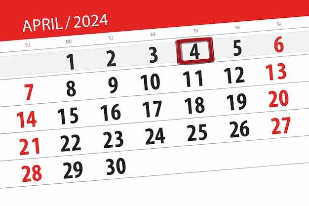 Foto data di scadenza del calendario 2024 giorno mese pagina organizzatore data aprile giovedì numero 4