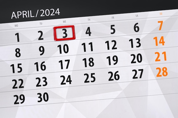 Foto data di scadenza del calendario 2024 giorno mese pagina organizzatore data aprile mercoledì numero 3