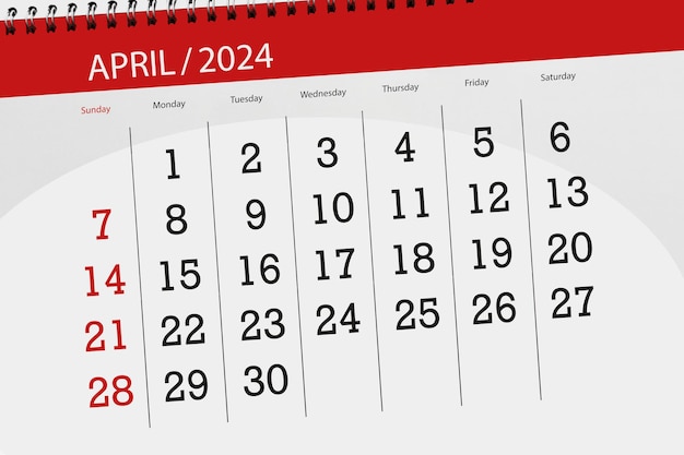 Calendar 2024 deadline day month page organizer date April