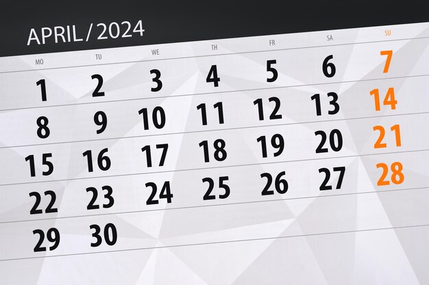 Calendar 2024 deadline day month page organizer date April