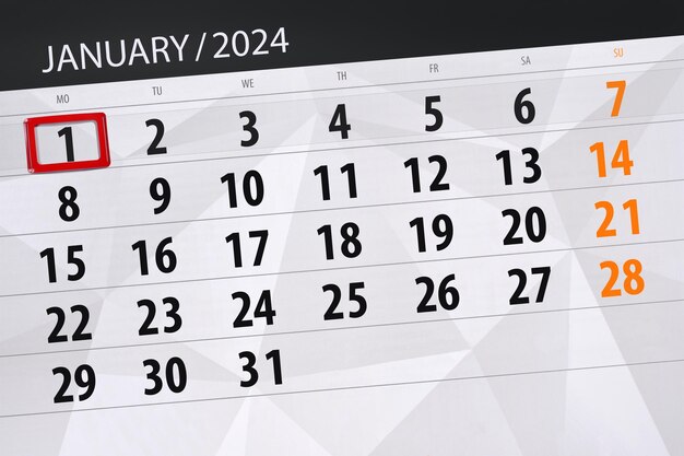 Calendar 2024 deadline day month page organizer date January monday number 1