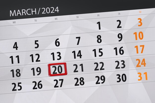 2024 년 달력 기한 날짜 달 페이지 주최자 날짜 3 월 20 일 수요일