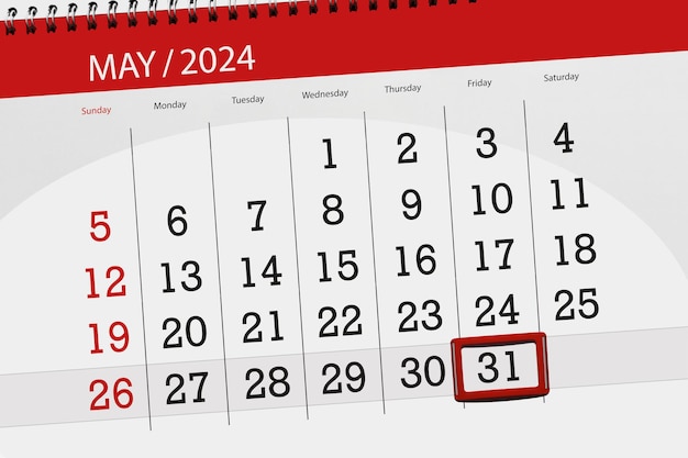写真 2024年 カレンダー 締め切り 日 月 ページ オーガナイザー 日付 5月31日 金曜日