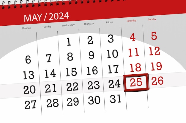 2024年 カレンダー 締め切り日 月 ページ オーガナイザー 日付 5月25日 土曜日