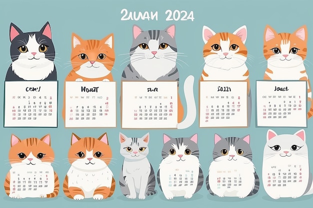 Photo calendar 2024 with cute hand drawn vector cats calendar 2024 tamplate vector eps 10