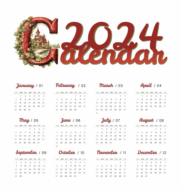 Premium AI Image Calendar 2024 with a decorated letter C