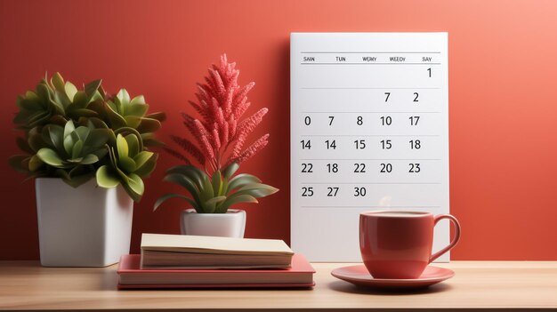 Calendar alarm clock and cup of coffee on wooden table