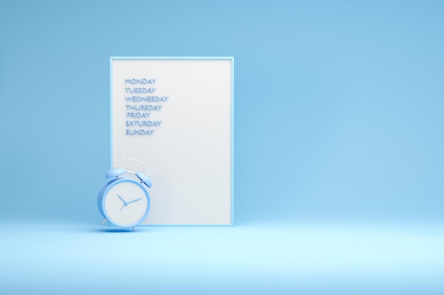 Calendar and big clock in pastel blue background 3d render