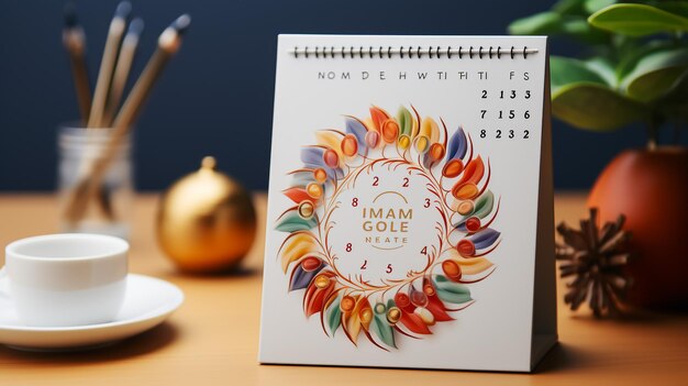 Photo calendar and cup of coffee on wooden table against blurred background