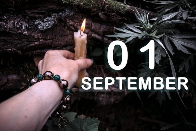 Calendar date on the background of an esoteric spiritual ritual September 1 is the first day of the month