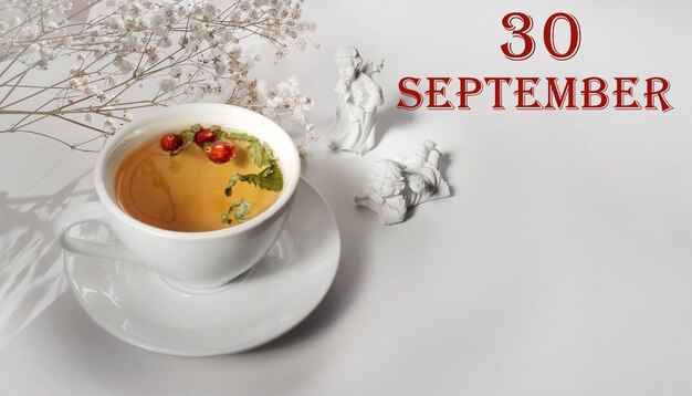 Calendar date on light background porcelain cup green tea white gypsophila and angels september 30