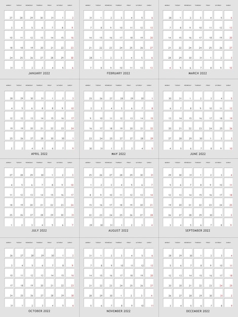 Calendar grid template 2022 on white background