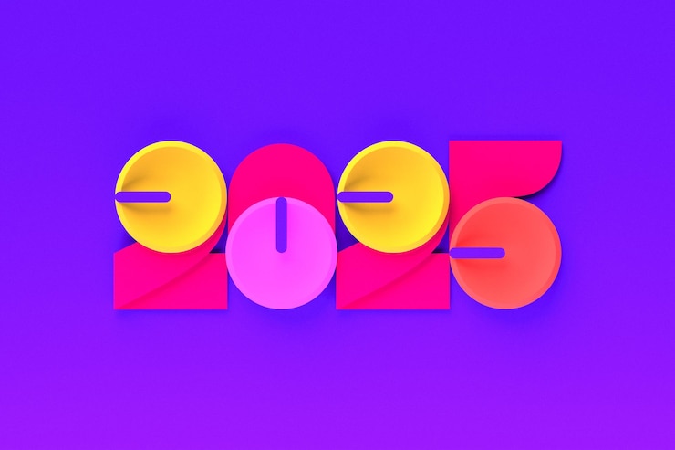 Photo calendar header number 2025 on purple background happy new year 2025 colorful background