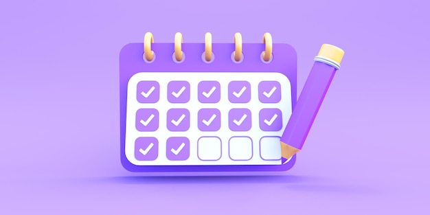 Calendar illustration in purple background 3d render