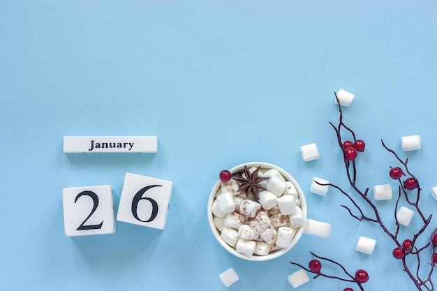 Calendar January 26 Cup of cocoa marshmallows and branch berries