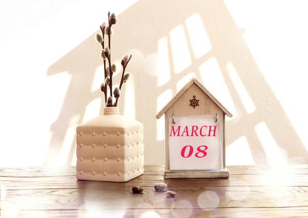 Calendario per l'8 marzo una casa decorativa con il nome del mese di marzo in inglese numeri 08 un bouquet di salici fioriti in un vaso finestra ombra bokeh