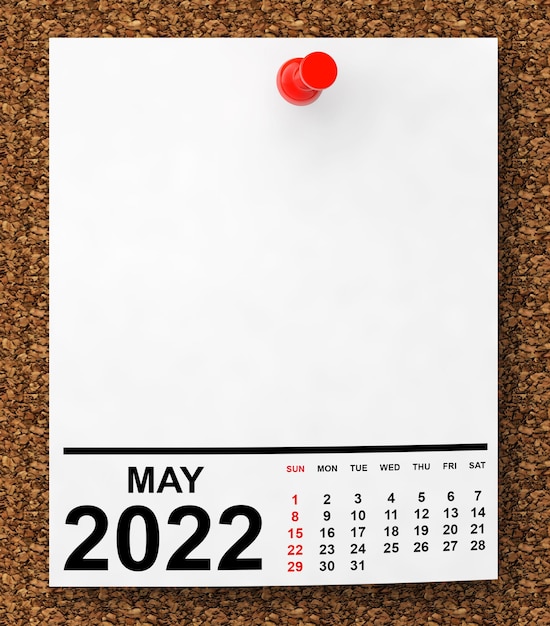 Photo calendar may 2022 on blank note paper with free space for your text 3d rendering