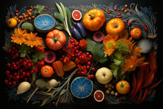 Photo calendar page featuring seasonal fruits and vegetables generative ai