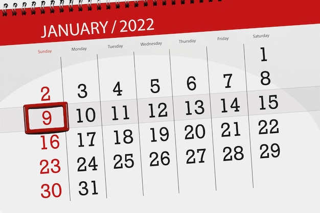 Фото Планировщик календаря на январь 2022 месяц, крайний день, 9, воскресенье.