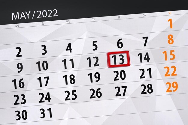 이달의 캘린더 플래너 2022년 5월 마감일 13일 금요일