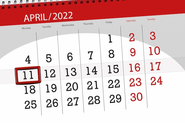 Calendar planner for the month april 2022 deadline day 11 monday