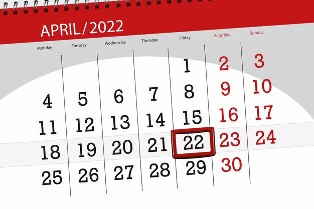 2022年4月の月のカレンダープランナー締め切り日22金曜日