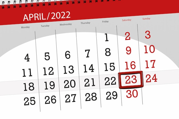 Foto calendario planner per il mese di aprile 2022 scadenza giorno 23 sabato