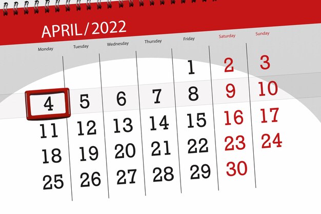 Calendar planner for the month april 2022 deadline day 4 monday